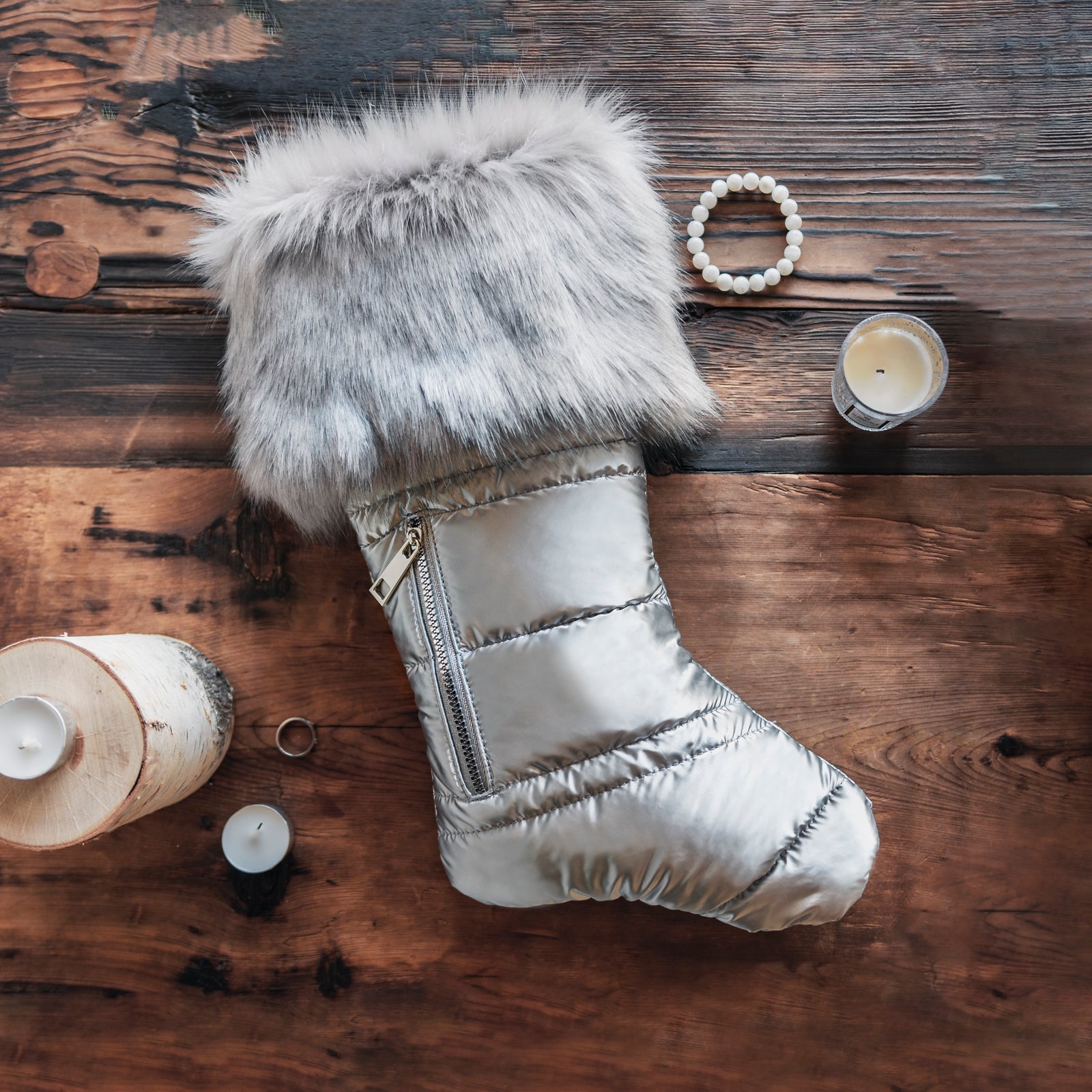 Matte Silver Puffer Christmas Stocking with Faux Fur