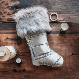 Matte Silver Puffer Christmas Stocking with Faux Fur